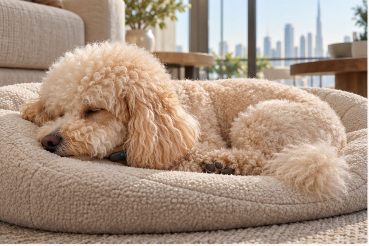 A curly-coated dog asleep on a cushion at home
